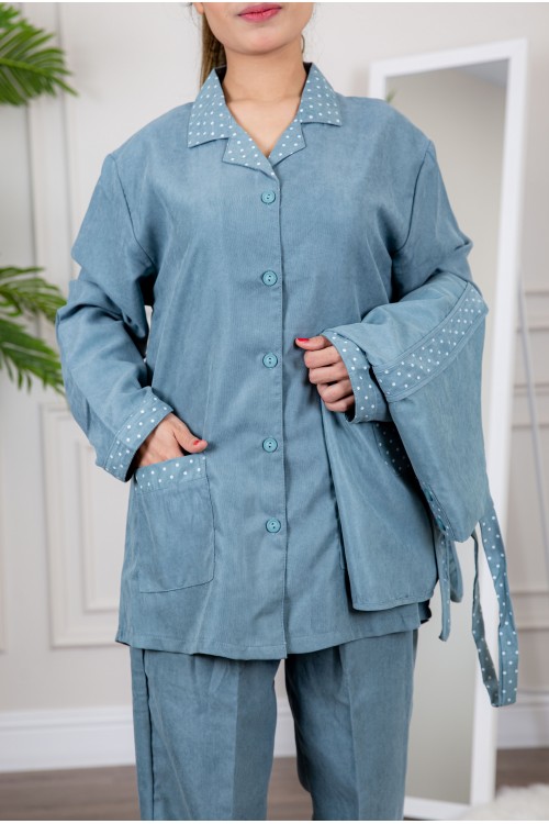 زي عاملة شتوي قطعتين أكمام طويلة وجيوب فيونكة و ياقة بازرار أمامية