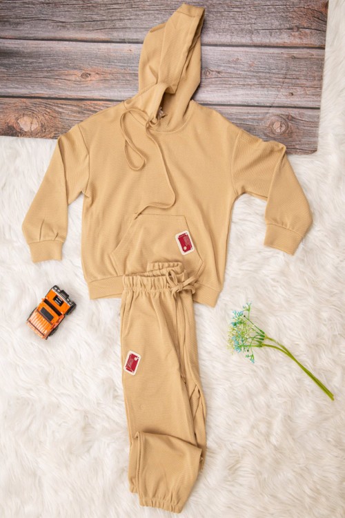 طقم بناتي أنيق قطعتين لون بيج   هودي على الرأس وجيوب من الأمام