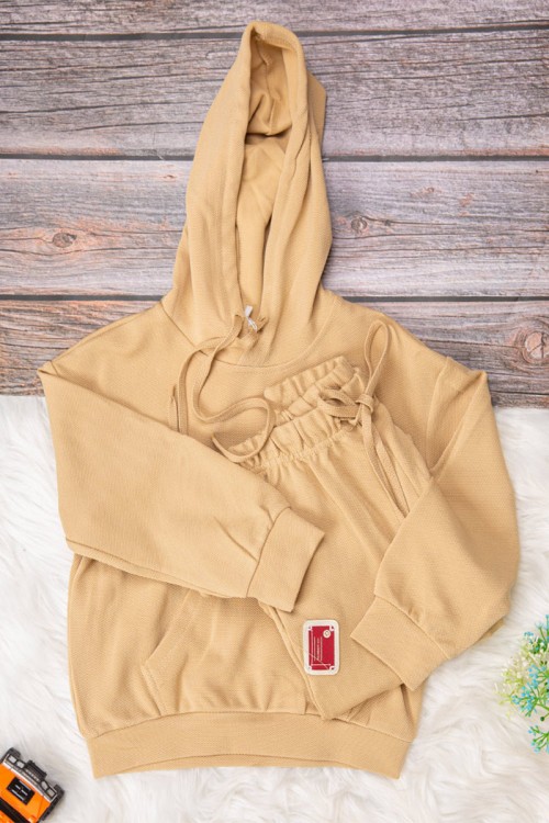 طقم بناتي أنيق قطعتين لون بيج   هودي على الرأس وجيوب من الأمام