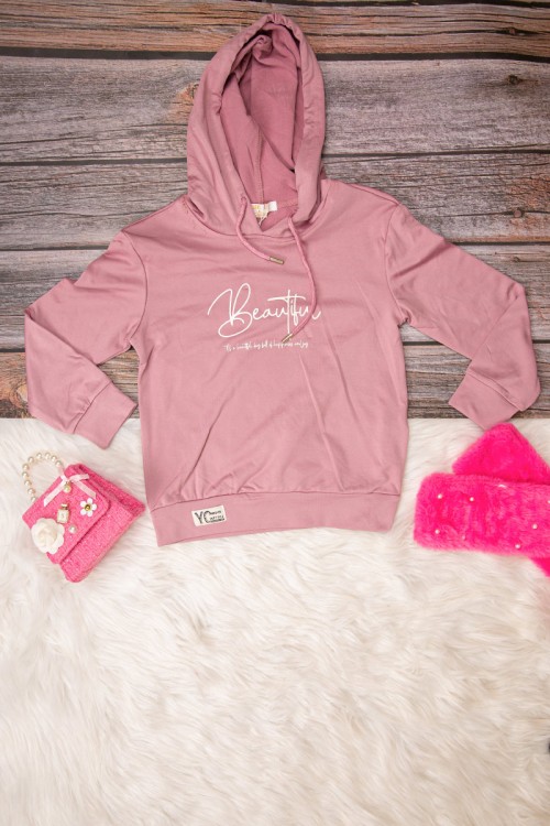 طقم بناتي أنيق قطعتين لون وردي هودي على الرأس