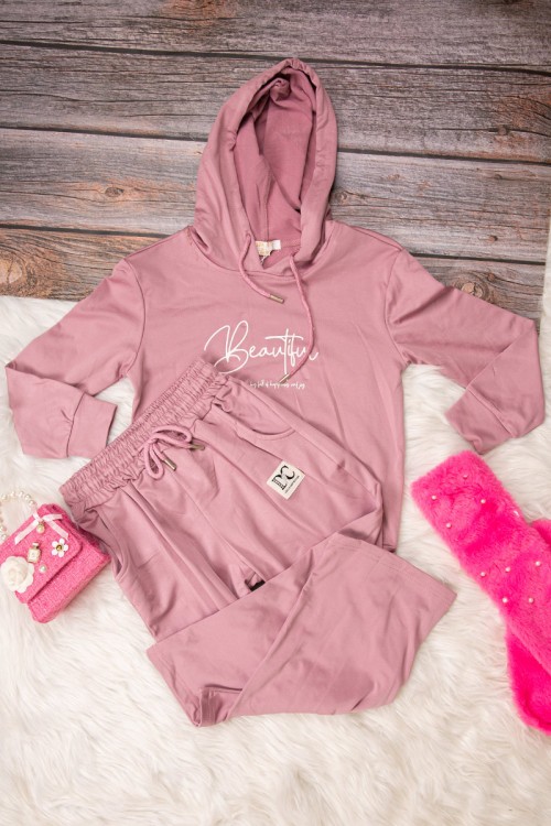 طقم بناتي أنيق قطعتين لون وردي هودي على الرأس
