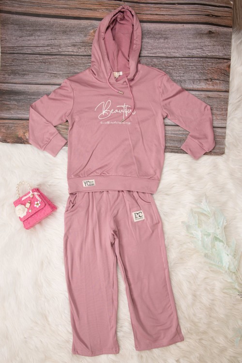 طقم بناتي أنيق قطعتين لون وردي هودي على الرأس