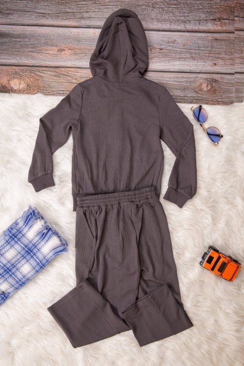 طقم بناتي أنيق قطعتين لون رمادي هودي على الرأس