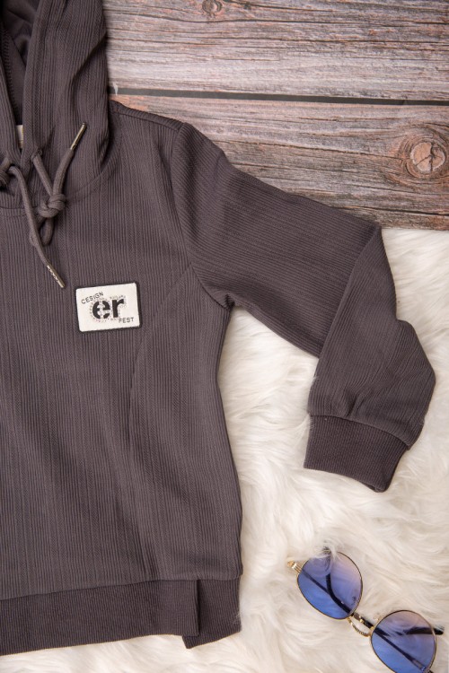 طقم بناتي أنيق قطعتين لون رمادي هودي على الرأس