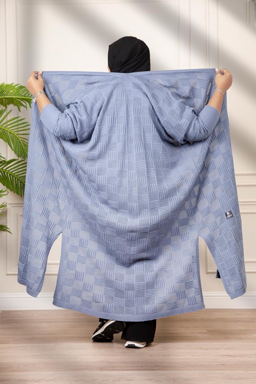 عباية شتوي نسائي تركي أنيقة لون سماوي  مفتوحة من الأمام بتصميم زخرفة