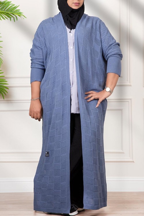 عباية شتوي نسائي تركي أنيقة لون سماوي  مفتوحة من الأمام بتصميم زخرفة