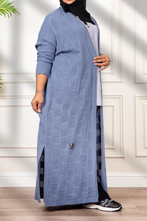 عباية شتوي نسائي تركي أنيقة لون سماوي  مفتوحة من الأمام بتصميم زخرفة