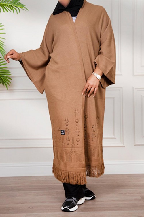 عباية شتوي نسائي تركي أنيقة لون بني مفتوحة من الأمام بتصميم زخرفة