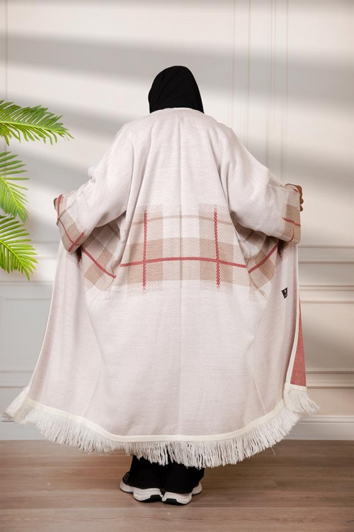 عباية شتوي نسائي تركي أنيقة لون سكري مفتوحة من الأمام بكاروهات من الوسط ودنانيش من الأسفل