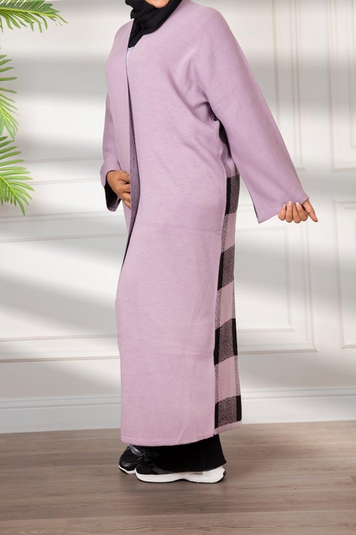 عباية شتوي نسائي تركي أنيقة لون موف مفتوحة من الأمام بتصميم كاروهات من الخلف