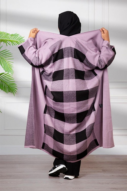 عباية شتوي نسائي تركي أنيقة لون موف مفتوحة من الأمام بتصميم كاروهات من الخلف