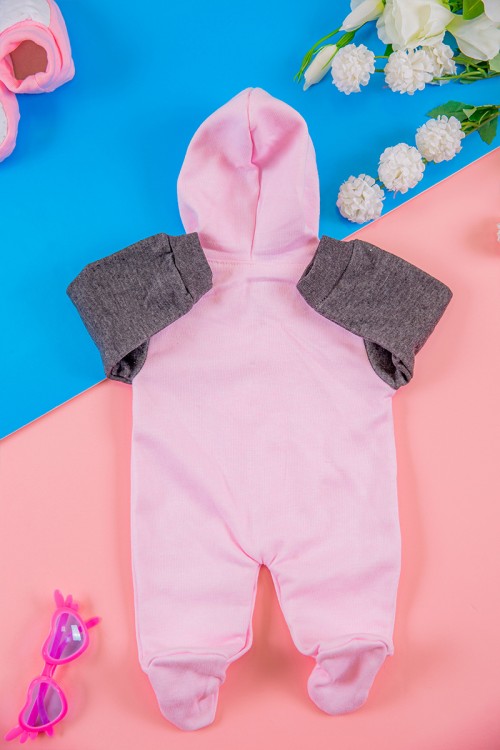 افرول أطفال بناتي شتوي مبطن لون وردي بقبعة رأس متصلة و أزرار من الأمام