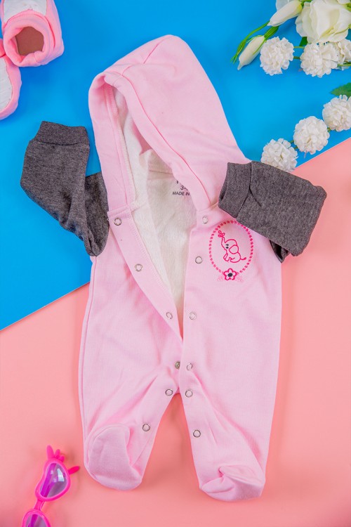 افرول أطفال بناتي شتوي مبطن لون وردي بقبعة رأس متصلة و أزرار من الأمام