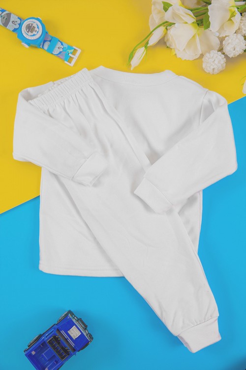 بيجاما أطفال ولادي شتوي قطعتين لون أبيض بأكمام طويلة وبنطلون طويل