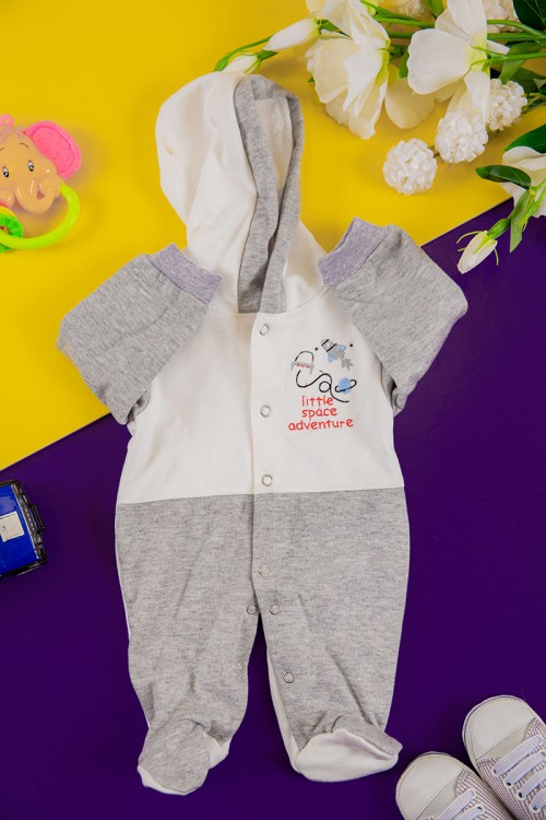 افرول أطفال ولادي شتوي مبطن لون أبيض و رمادي بقبعة رأس متصلة و أزرار من الأمام