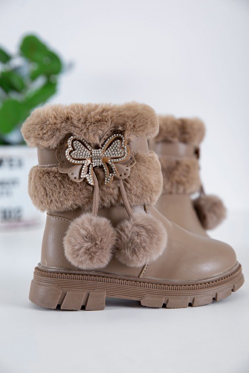 حذاء بوت بناتي شتوي لون بني بطول الكاحل مزين و مبطن بفرو و سحاب جانبي للغلق