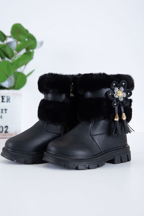 حذاء بوت بناتي شتوي لون أسود بطول الكاحل مزين و مبطن بفرو و سحاب جانبي للغلق