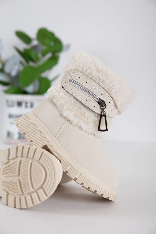 حذاء بوت بناتي شتوي لون اوف وايت بطول الكاحل مزين و مبطن بفرو و سحاب جانبي للغلق