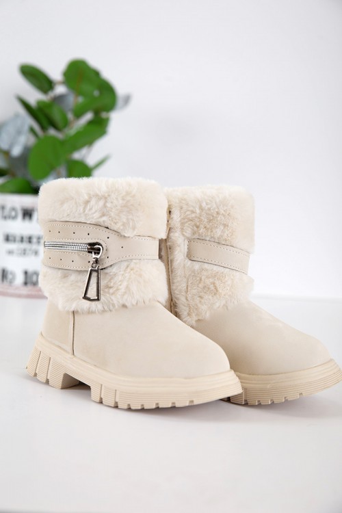 حذاء بوت بناتي شتوي لون اوف وايت بطول الكاحل مزين و مبطن بفرو و سحاب جانبي للغلق