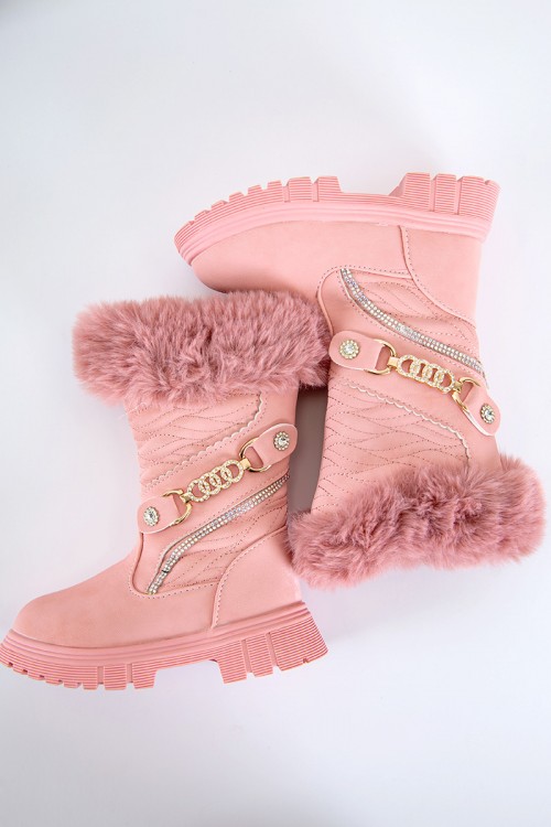 حذاء بوت بناتي شتوي لون وردي بطول الكاحل مزين و مبطن بفرو و سحاب جانبي للغلق