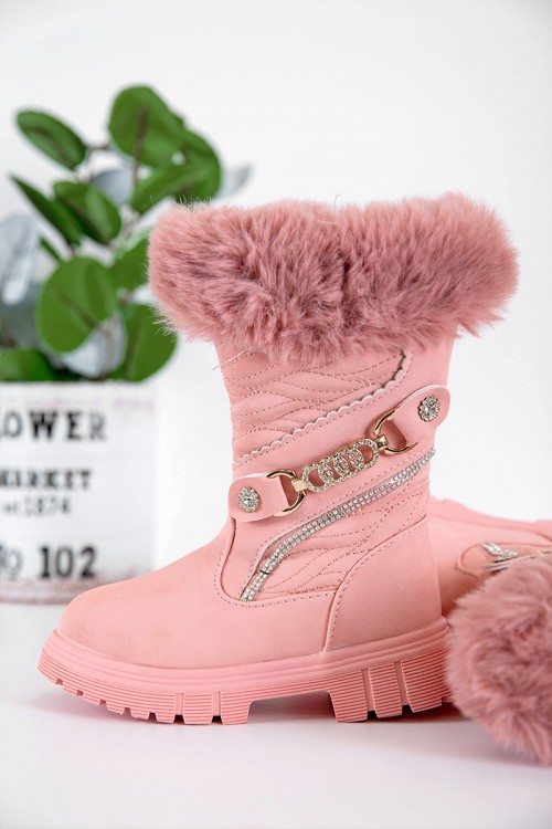 حذاء بوت بناتي شتوي لون وردي بطول الكاحل مزين و مبطن بفرو و سحاب جانبي للغلق