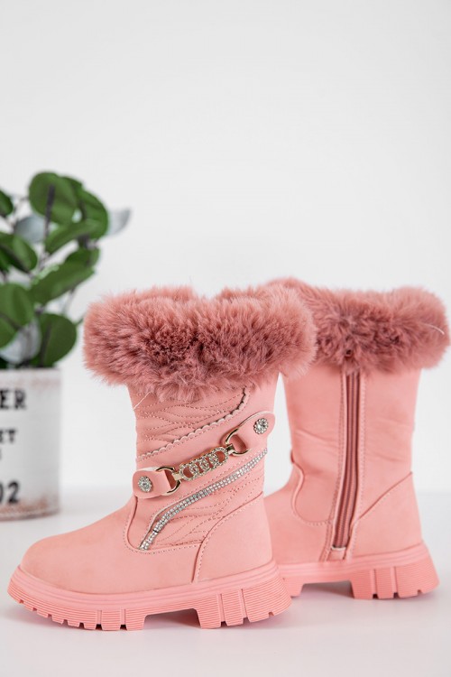 حذاء بوت بناتي شتوي لون وردي بطول الكاحل مزين و مبطن بفرو و سحاب جانبي للغلق