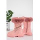 حذاء بوت بناتي شتوي لون وردي بطول الكاحل مزين و مبطن بفرو و سحاب جانبي للغلق