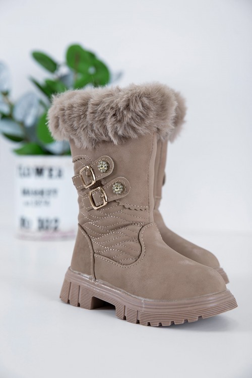 حذاء بوت بناتي شتوي لون بني بطول الكاحل مزين بفرو و سحاب جانبي للغلق