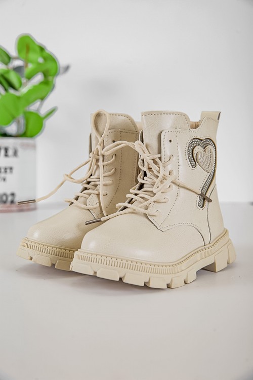 حذاء بوت بناتي شتوي لون اوف وايت بطول الكاحل مبطن بفرو و سحاب جانبي للغلق