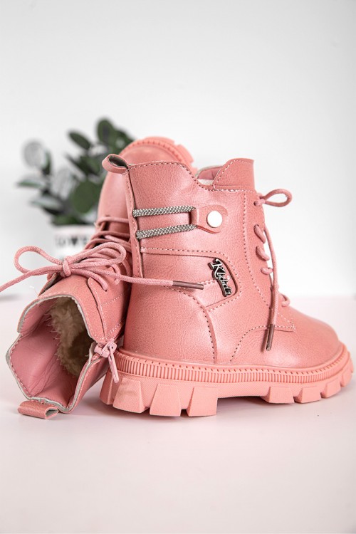 حذاء بوت بناتي شتوي لون وردي بطول الكاحل مبطن بفرو و سحاب جانبي للغلق