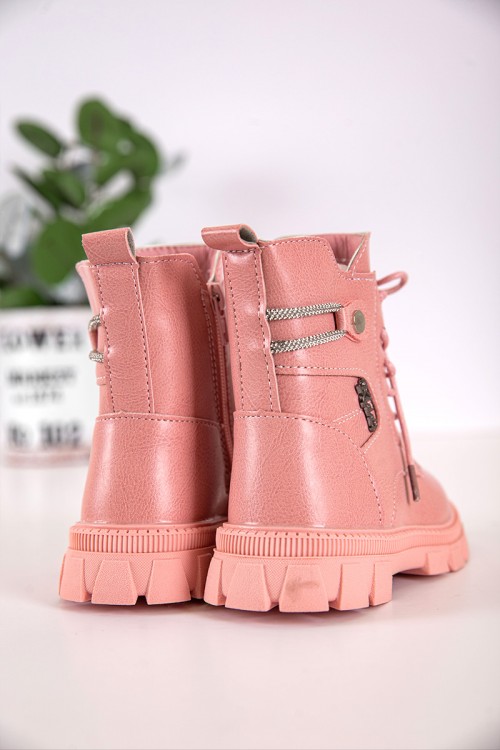 حذاء بوت بناتي شتوي لون وردي بطول الكاحل مبطن بفرو و سحاب جانبي للغلق