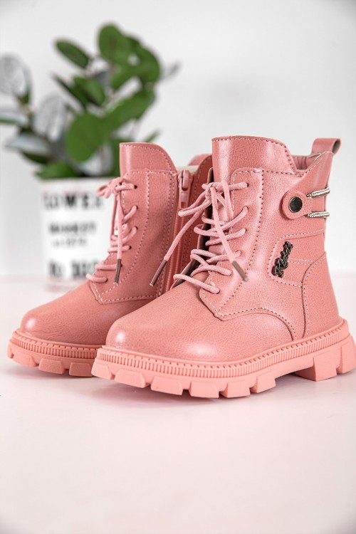 حذاء بوت بناتي شتوي لون وردي بطول الكاحل مبطن بفرو و سحاب جانبي للغلق