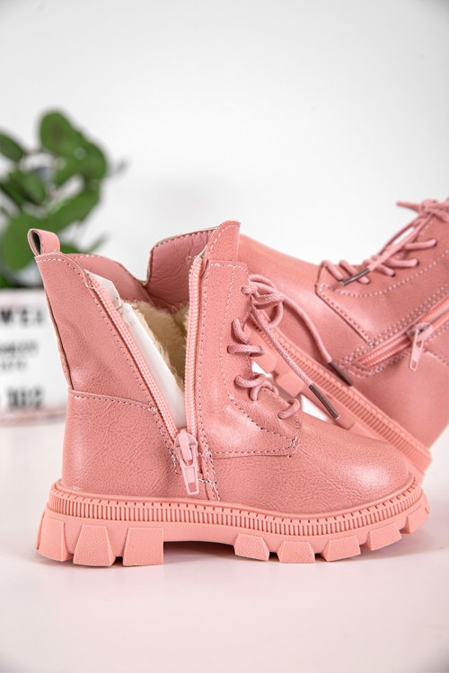 حذاء بوت بناتي شتوي لون وردي بطول الكاحل مبطن بفرو و سحاب جانبي للغلق