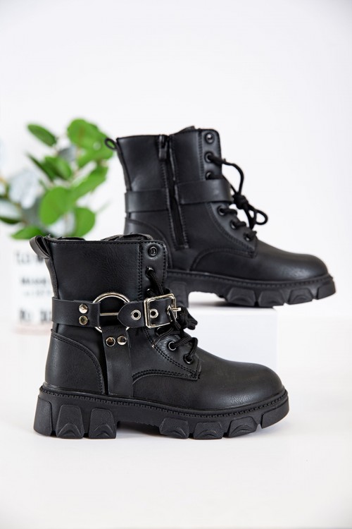 حذاء بوت بناتي شتوي لون أسود بطول الكاحل بحزام و سحاب جانبي للغلق