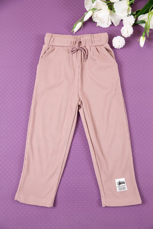 طقم بناتي شتوي قطعتين لون وردي بأكمام طويلة مع بنطلون طويل بزم و رباط على الخصر