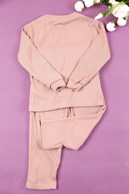 طقم بناتي شتوي قطعتين لون وردي بأكمام طويلة مع بنطلون طويل بزم و رباط على الخصر