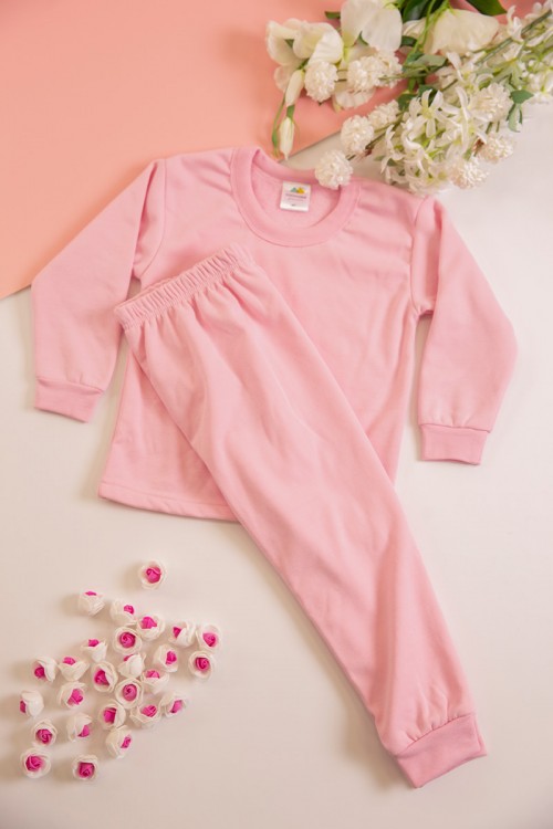 طقم بيجاما بناتي شتوي قطعتين لون وردي بأكمام طويلة مع بنطلون طويل بزم