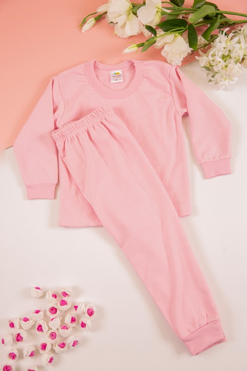 طقم بيجاما بناتي شتوي قطعتين لون وردي بأكمام طويلة مع بنطلون طويل بزم