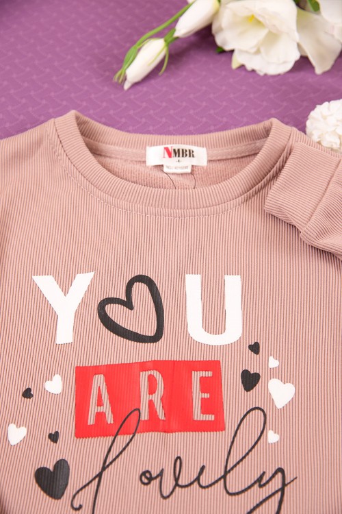 طقم بناتي شتوي قطعتين لون وردي بأكمام طويلة مع بنطلون طويل بزم و رباط على الخصر