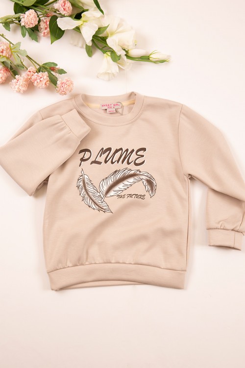 طقم بناتي شتوي قطعتين لون بيج بأكمام طويلة مع بنطلون طويل بزم و رباط على الخصر