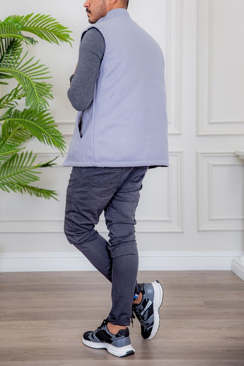 سديري رجالي شتوي وجهين دبل فيس رمادي و كحلي ياقة عالية بجيوب و سحاب من الأمام