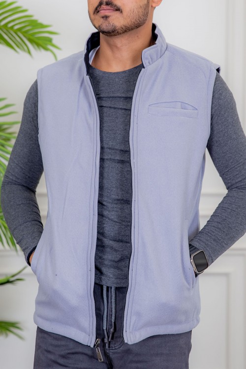 سديري رجالي شتوي وجهين دبل فيس رمادي و كحلي ياقة عالية بجيوب و سحاب من الأمام