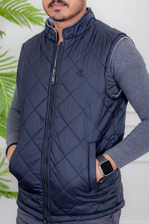 سديري رجالي شتوي وجهين دبل فيس رمادي و كحلي ياقة عالية بجيوب و سحاب من الأمام