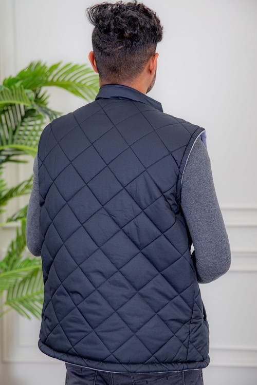 سديري رجالي شتوي وجهين دبل فيس رمادي و كحلي ياقة عالية بجيوب و سحاب من الأمام