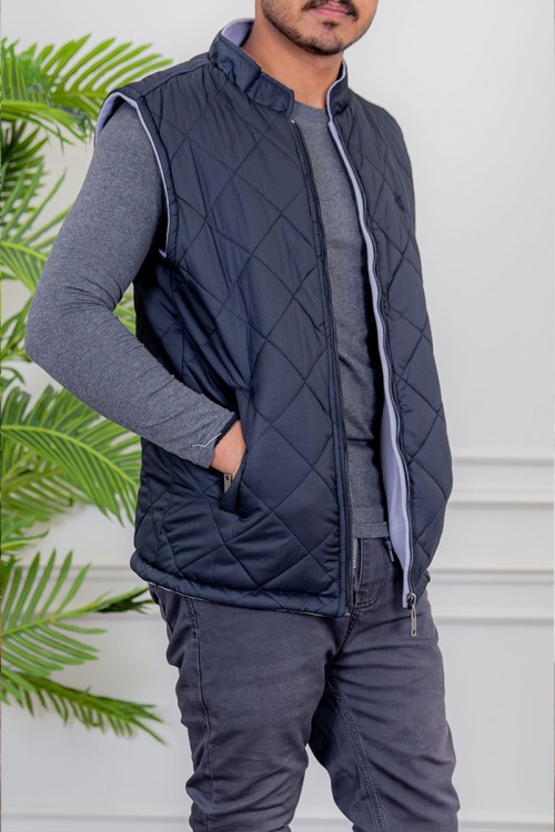 سديري رجالي شتوي وجهين دبل فيس رمادي و كحلي ياقة عالية بجيوب و سحاب من الأمام