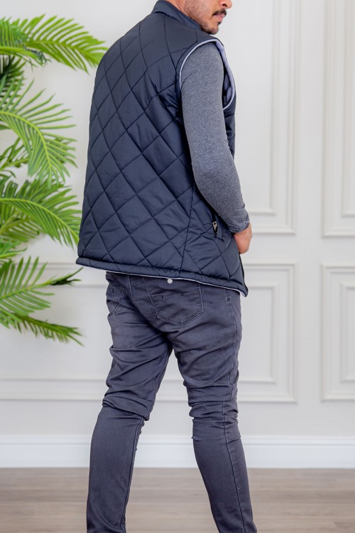 سديري رجالي شتوي وجهين دبل فيس رمادي و كحلي ياقة عالية بجيوب و سحاب من الأمام