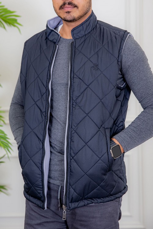 سديري رجالي شتوي وجهين دبل فيس رمادي و كحلي ياقة عالية بجيوب و سحاب من الأمام