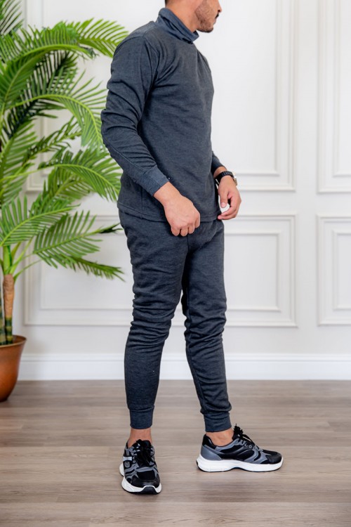 طقم بيجاما رجالي شتوي قطعتين لون رصاصي بياقة عالية و أكمام طويلة