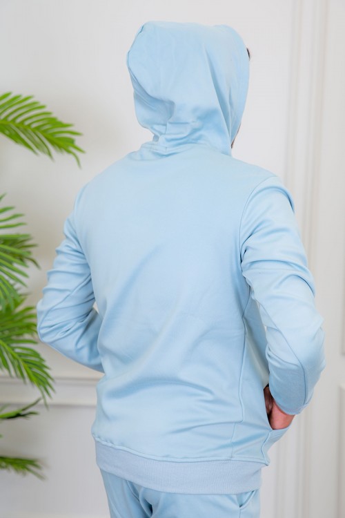 طقم رجالي شتوي قطعتين لون سماوي ببلوفر هودي قبعة متصلة و جيوب أمامية