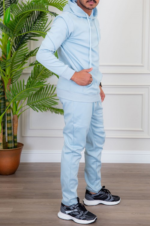 طقم رجالي شتوي قطعتين لون سماوي ببلوفر هودي قبعة متصلة و جيوب أمامية